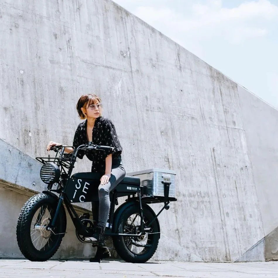Cool electric moped style fatbike for women with a cargo box, double seat electric bike